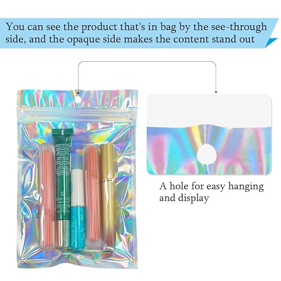 TRANSLUCENT HOLOGRAPHIC ZIP LOCK 3 SIDE SEAL POUCH - 60 MICRON