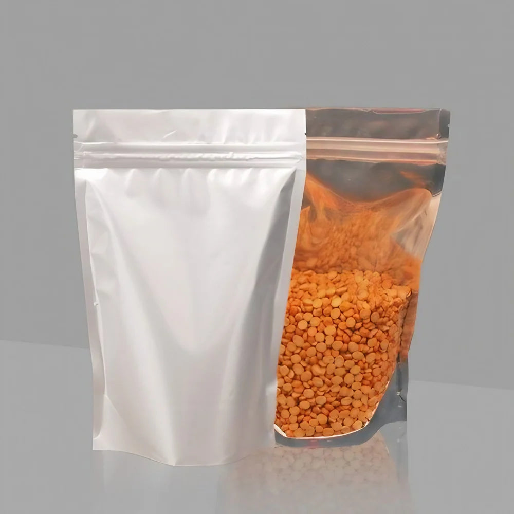 LAMINATED STANDUP POUCH - ONE SIDE TRANSPARENT AND ONE SIDE METALLIC OR ALUMINIUM - 110 MICRON